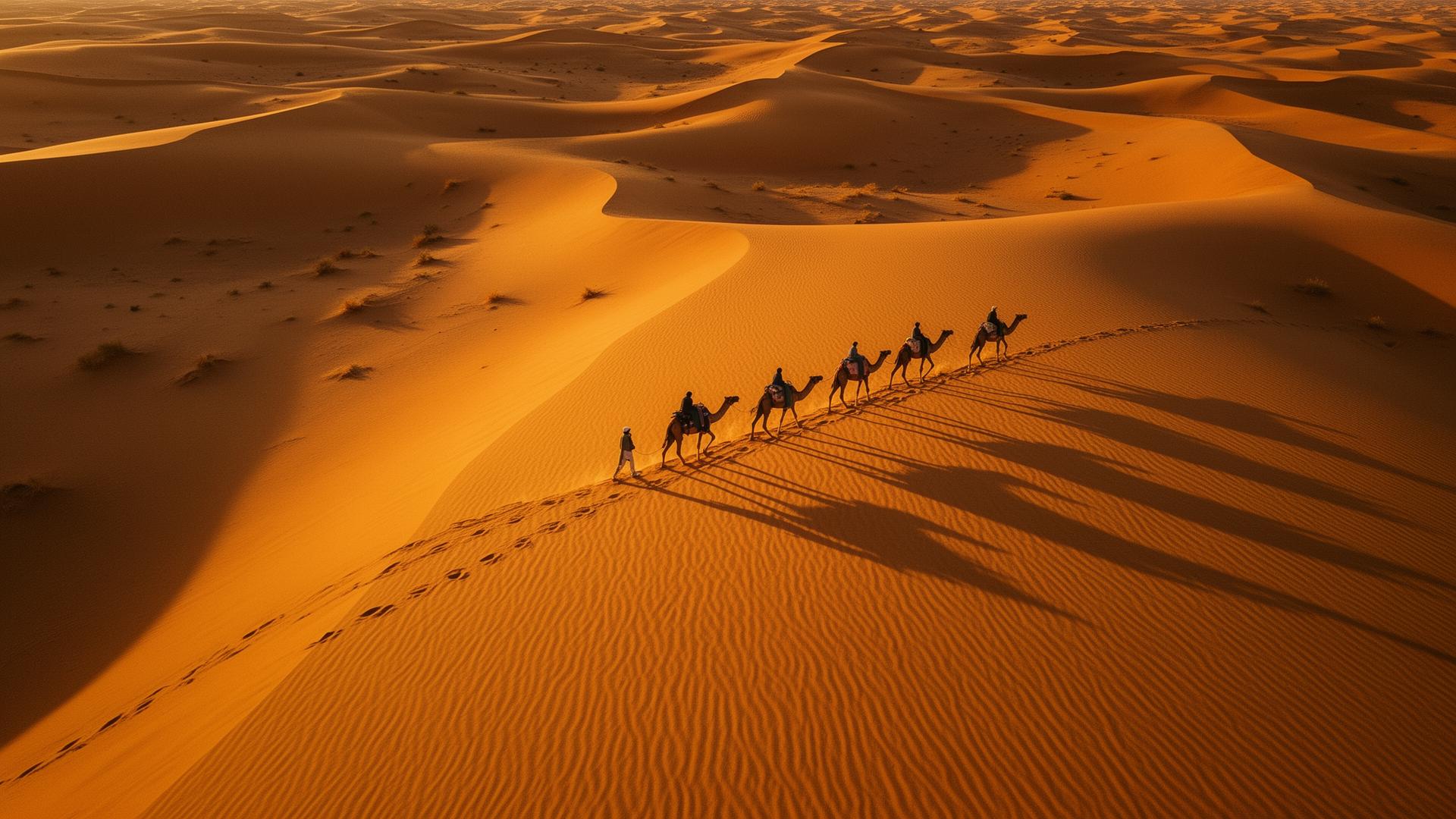 Aerial view of a camel caravan crossing Saharan dunes